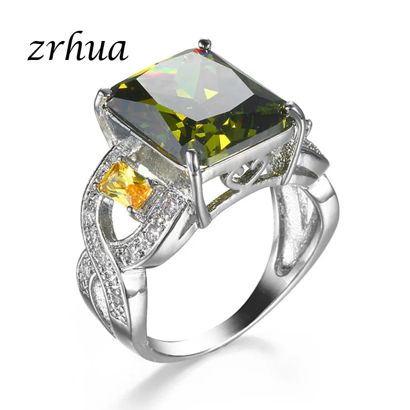 

ZRHUA DropShippng Generous Fashion Lady Green Cubic Zircon 925 Sterling Silver Ring Size 6 7 8 9 10 Romantic Jewelry for Women