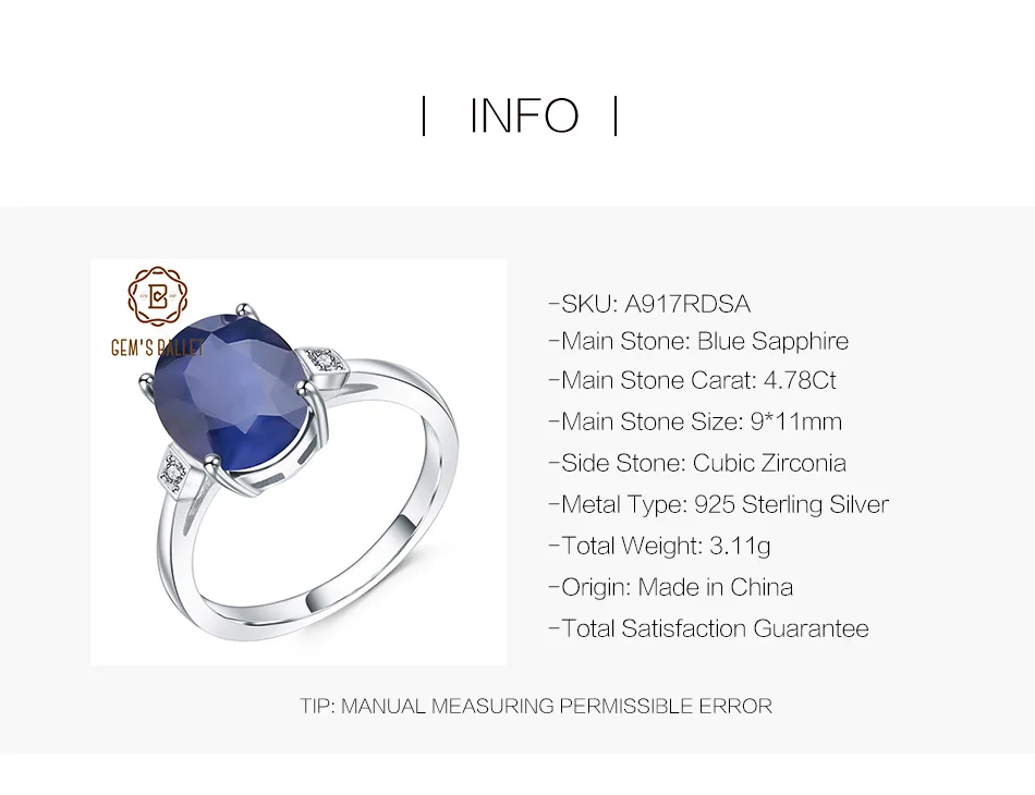 GEM'S BALLET 4.78Ct Овальный Натуральный Синий Сапфировое Кольцо из драгоценных камней 925 пробы серебряные Простые Свадебные Кольца для женщин ювелирные украшения