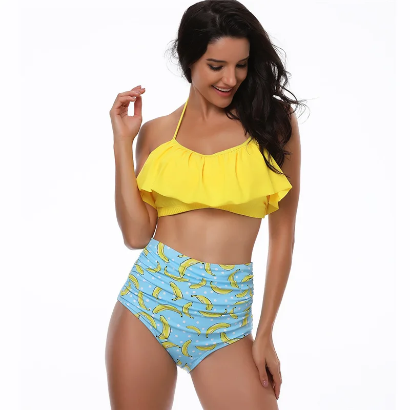 

Sexy Bikini Set Halter Ruffle Womens Swim Wear High Waist Thong Bathing Suit Backless Crop Top Swimwear Yellow Separate Sets