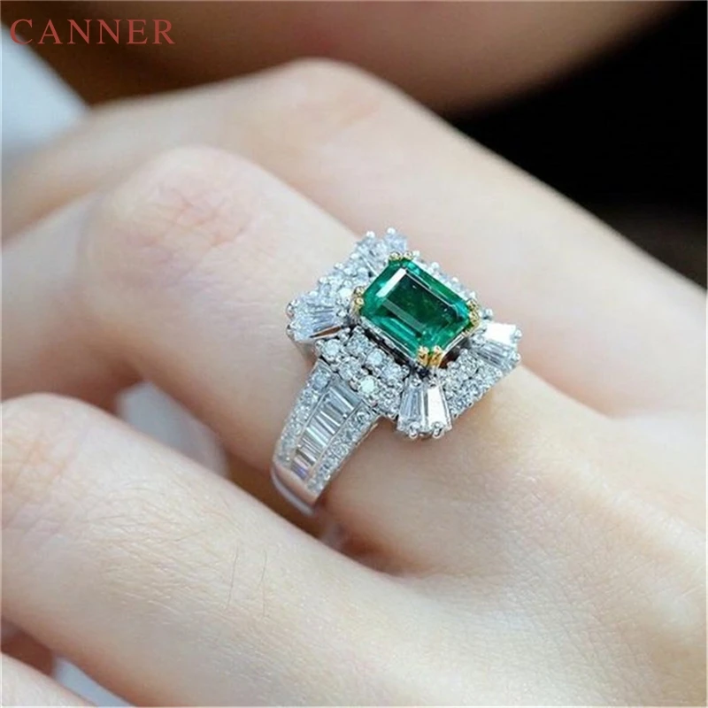 Square Green Stone Silver Color Zircon Rings for Women Vintage Jewelry Luxury Crystal Ring Anniversasry Engagement Gift Ring C35