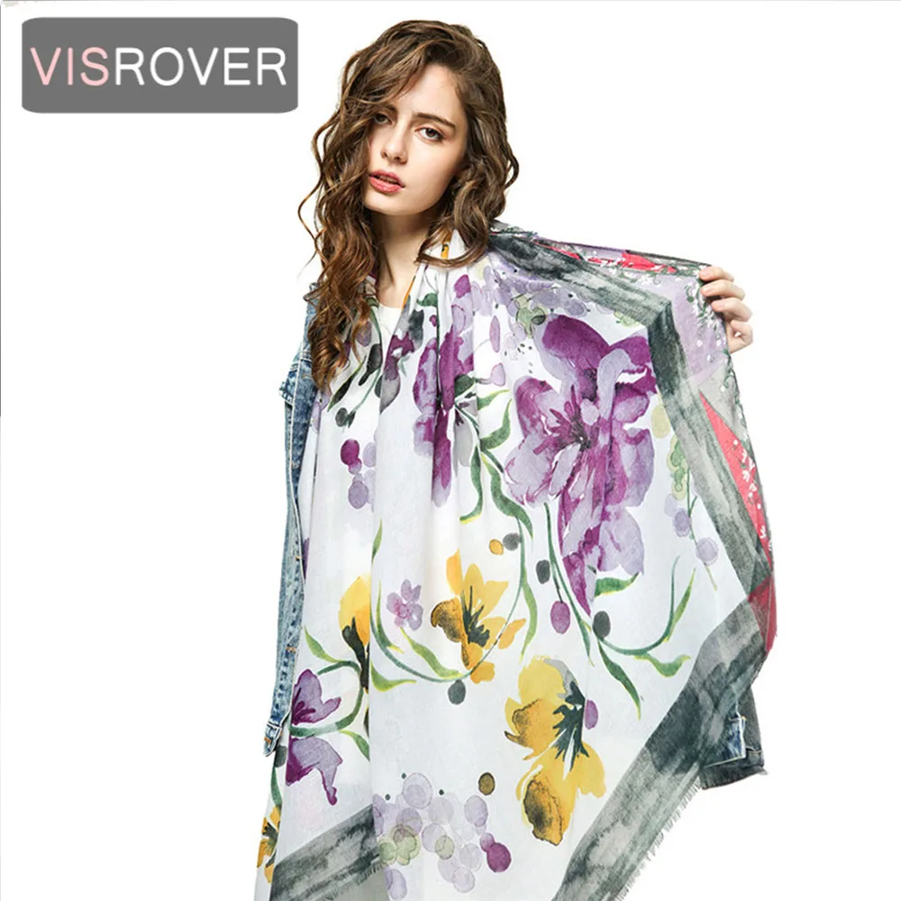 

VISROVER Luxury Brand Soft Silk Handfeeling Summer Women Scarves With Flower Printing Hight Quality Soft Strip Shawl Wholesales