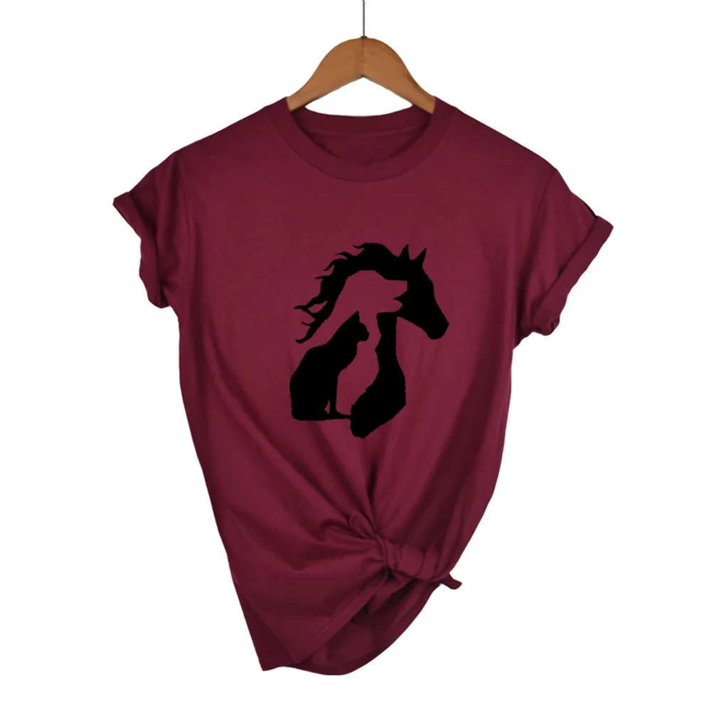 Животный любовник лошадь собака кошка принт Женская футболка Повседневная хлопковая хипстерская забавная футболка для девушек Леди Топ Tumblr Прямая поставка - Цвет: Wine Red-B