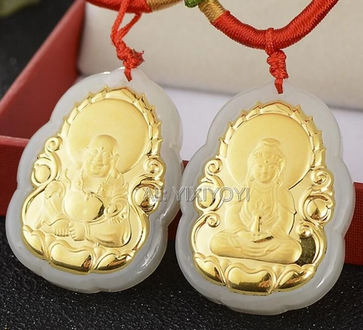 China Good luck Carved Kwan-yin Natural Hetian white jade pendant Buddha amulet