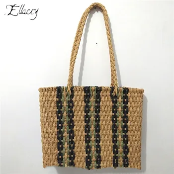 

New Paper Rope Retro Stitching Women Panelled Shoulder Bag High Capacity Hand-Woven Beach Bag Summer Vacation Knitting Straw Bag