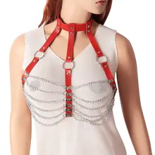 Красный Жгут кожаный сексуальный бюстгальтер на бретельках клетка Выдалбливают грудь цепь металлические панк готические вечерние Клубные танцевальная одежда в стиле рейв женское белье регулировать