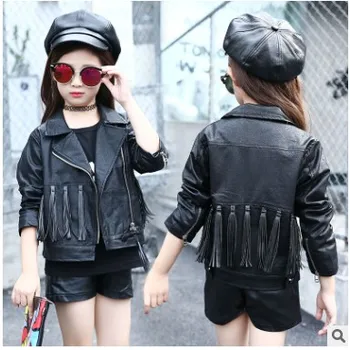 

2020 PU leather spring girl jacket school slim short long-sleeved tassel coat pure color black kids fashion 3-11T autumn tops