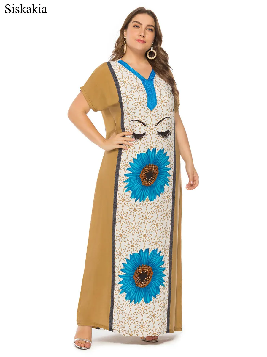 Siskakia Retro Maxi Long Dress Women Flower Print Big Size Viscose Fabric Summer Dresses V neck Short Sleeve Size XXL XXXL 2019 (1)