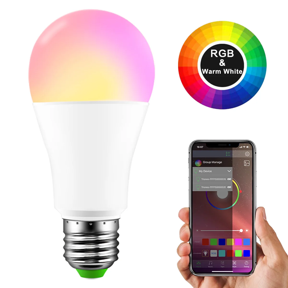 E27 RGBW 15 Вт Светодиодный светильник wifi лампочка умное освещение Bluetooth Голосовое управление музыкой лампа Изменение цвета затемняемый AC85-265V для дома