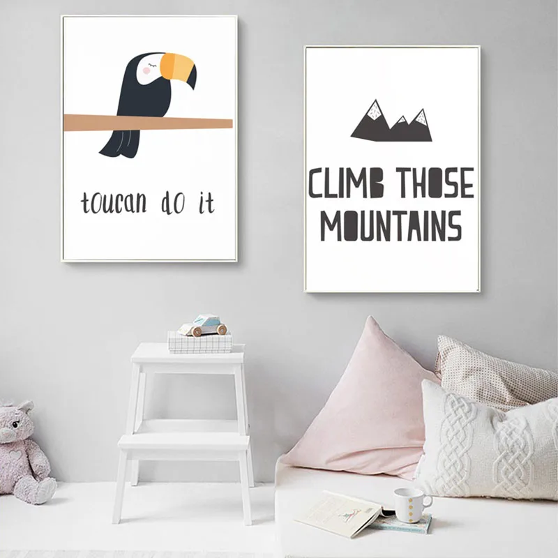 

Cartoon Cat Poster Canvas Print Minimalist Black White Motivational Wall Art Toucan Painting Nordic Home Decor Mountain Picture