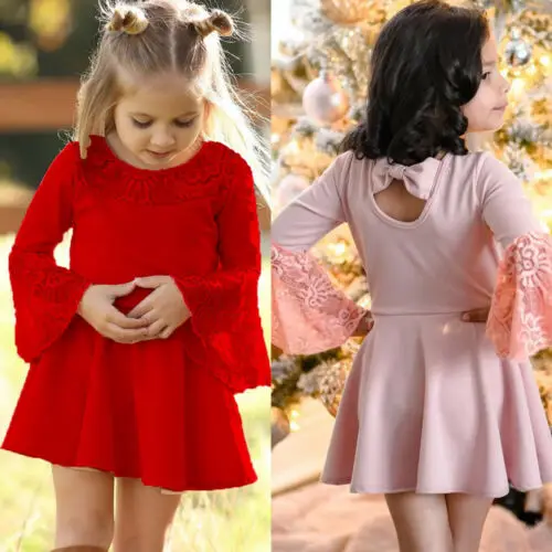 

Baby Girls Dress Long Bell Sleeve Floral Dress Party Pageant Wedding O-Neck Summer Fashion Solid Color Dresses Clothes 0-5Y