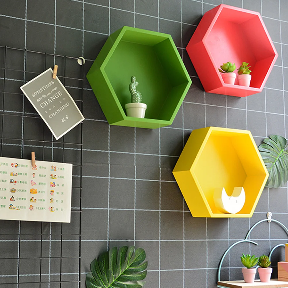 Nordic Style Wooden Hexagonal Storage Rack Wall Mount Shelf Holder Decoration
