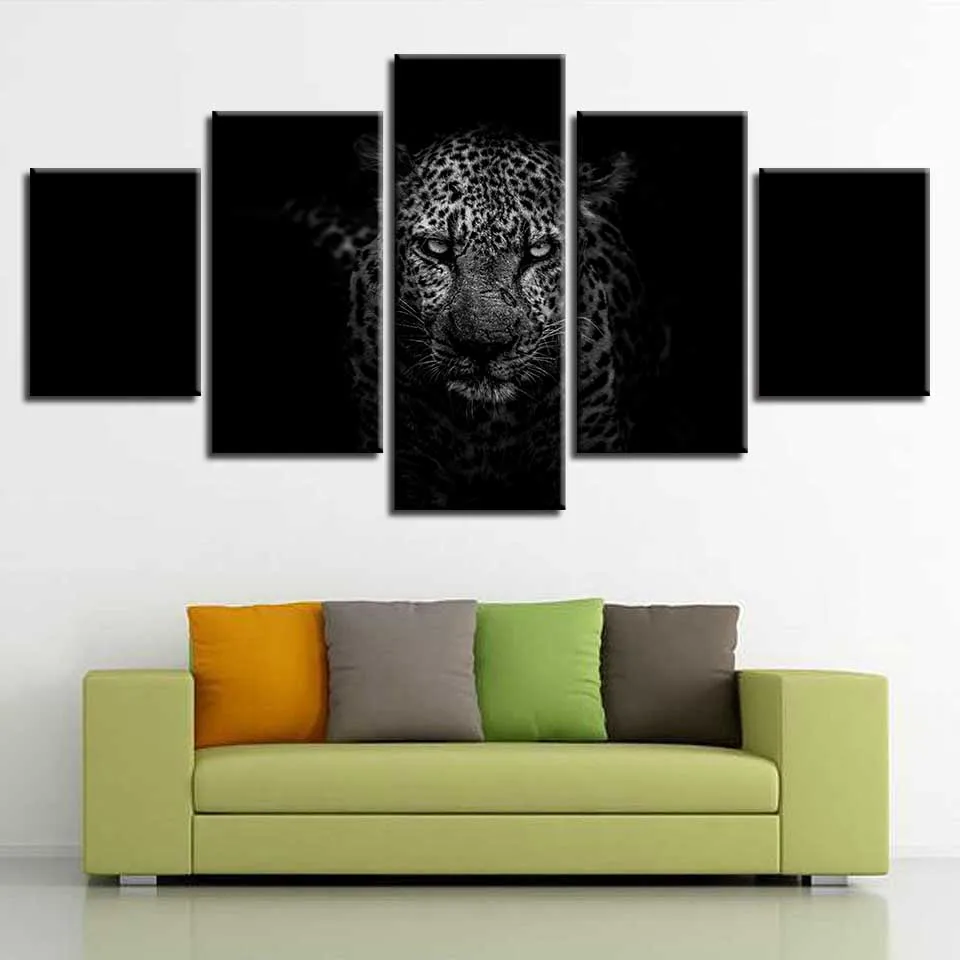 Home Decor Living Room Wall Art HD Printed 5 Pieces Black Background With Animal Leopard Paintings Poster Modular Canvas Picture | Дом и сад