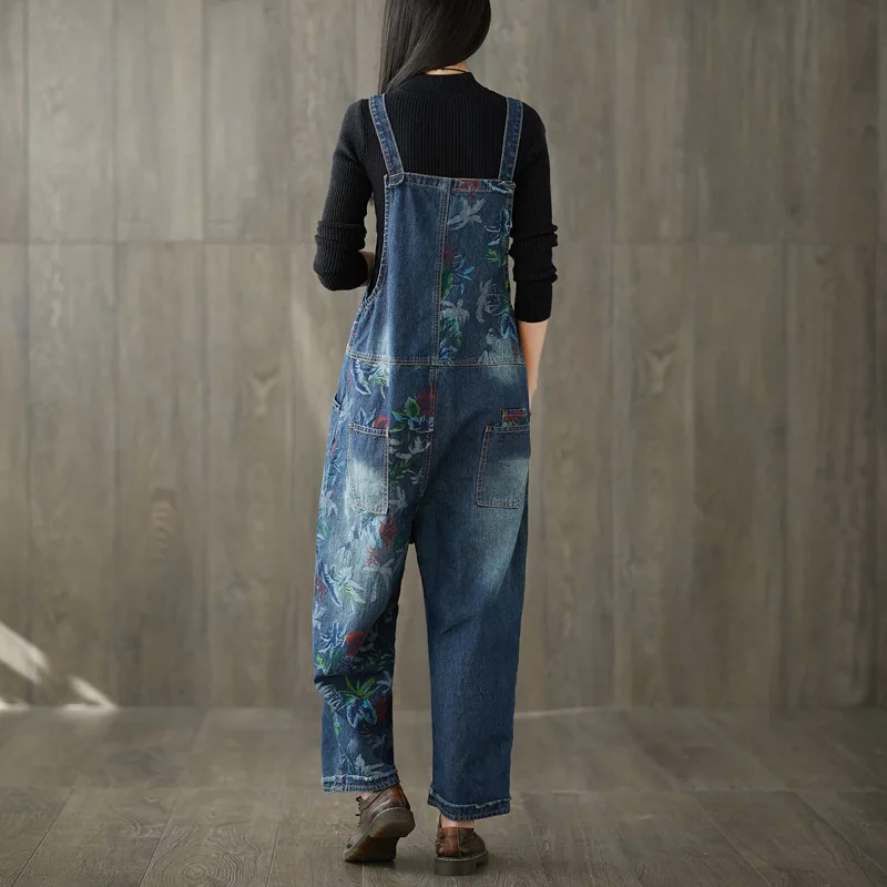 

2019 Women Vintage Washed Wide Leg Bib Denim Overalls Jean Flower print Jumpsuits Female Large Size Drop Crotch Rompers