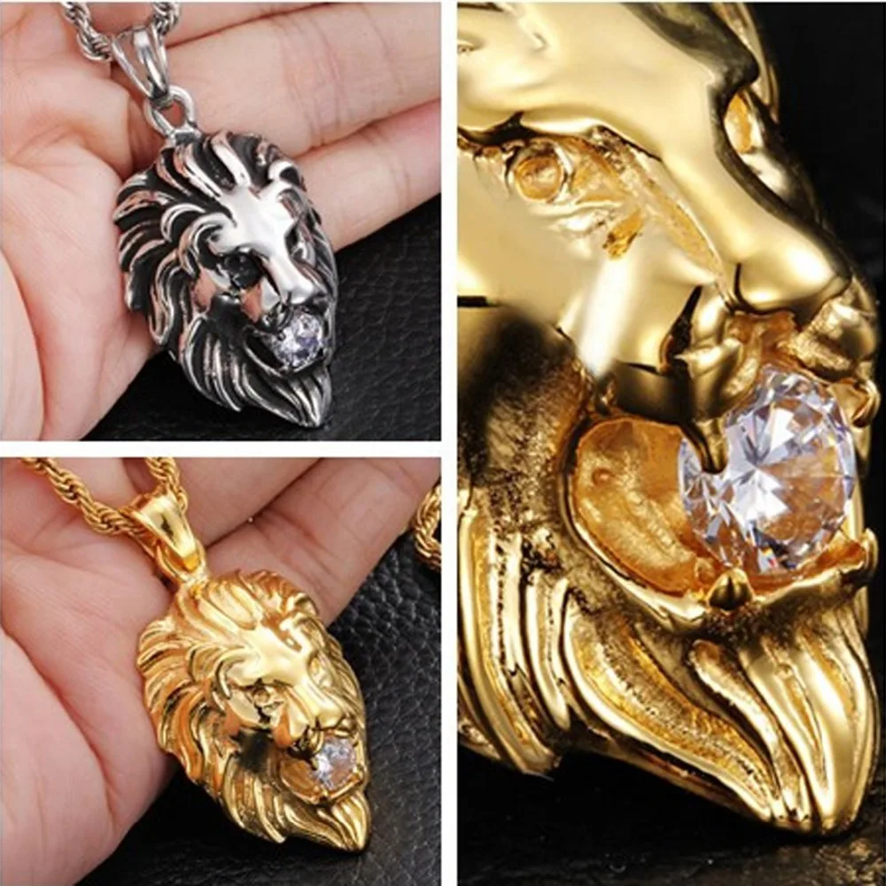 

Gold or Silver Stainless Steel Fashion New Men's Boy's Lion Pendant Necklace White Stone