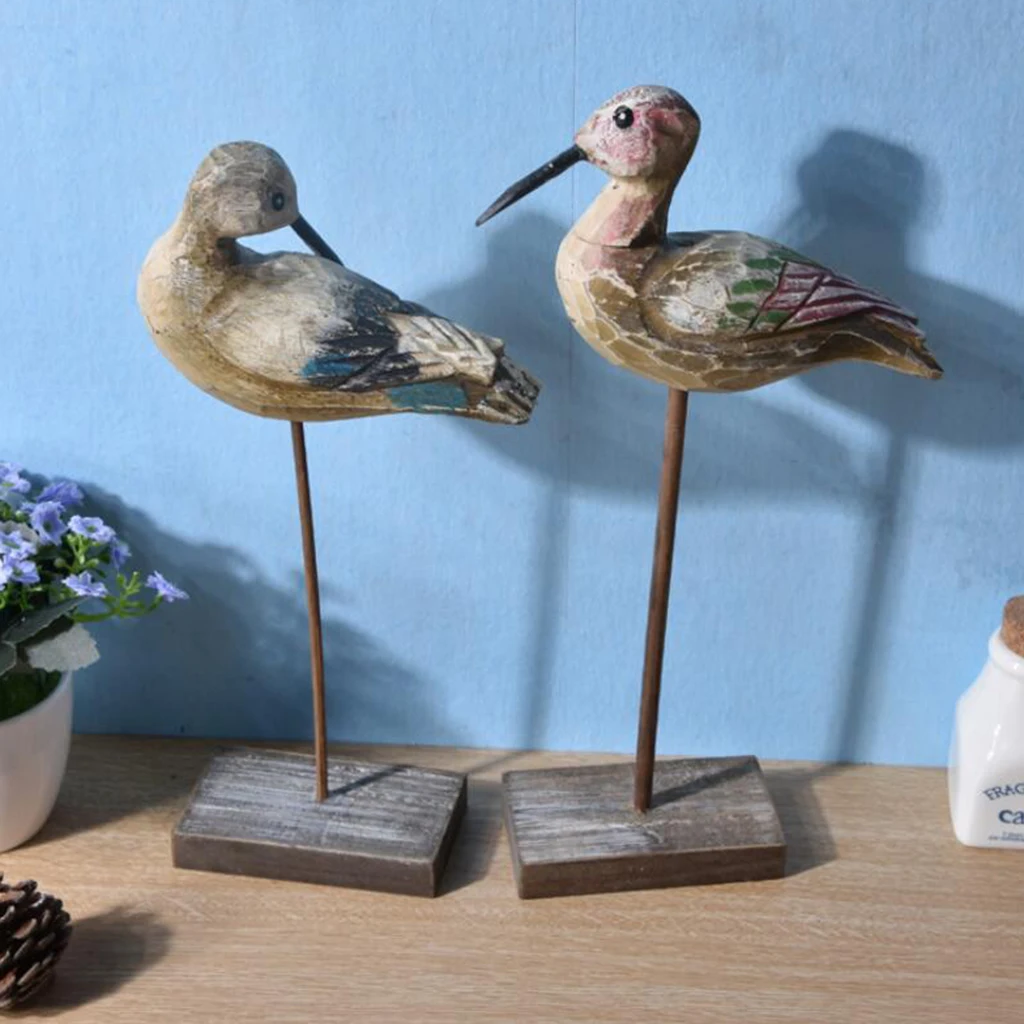Rural Style Bird Figurine Home Decor Centerpiece, Stand&Bend Couple Wooden Tabletop Display