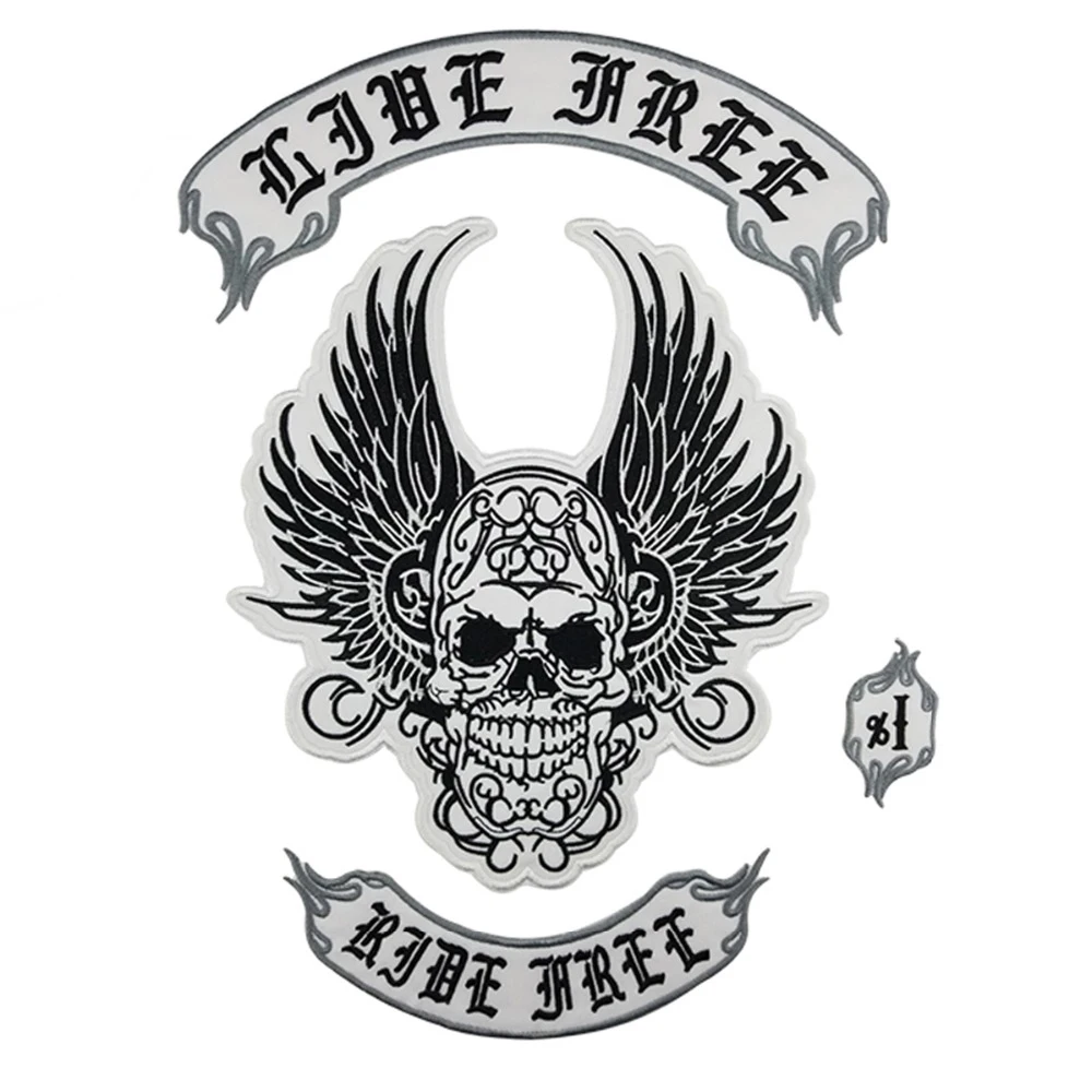 

LIVE FREE RIDE FREE Skull Patches For Clothes Jacket Biker Iron On Patches Stickers Back Large Size Rider Embroidered Label Set