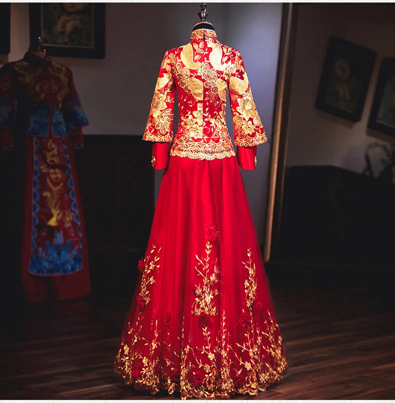 Красный платье Чонсам с вышивкой длинные свадебное платье Qipao Для женщин Традиционный китайский вечернее платье атлас халат восточные