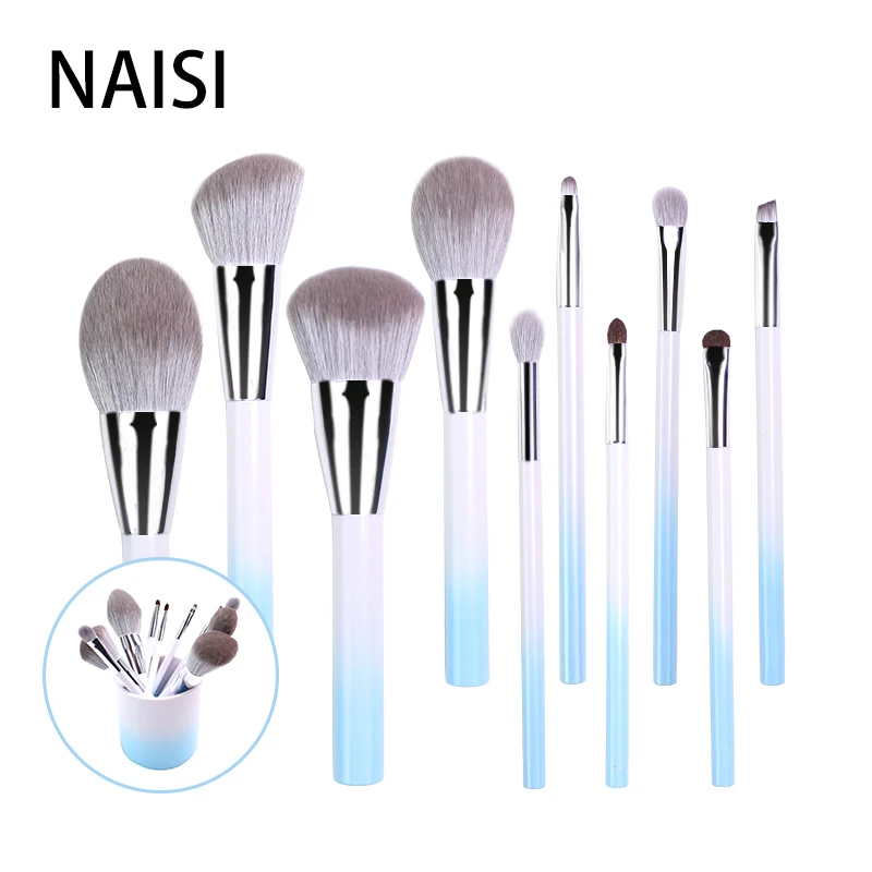 

NAISI 10pcs Gradual Blue Pink Makeup Brushes Face Brush Blending Eyeshadow Lip Make Up Brushes Synthetic Hair Cosmetics Tool