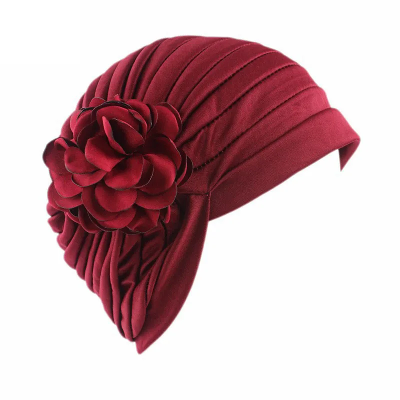 

Fashion Cute Floral Ruffle Stretchy Turban Cap Beanie Head Wrap Chemo Muslim Cap Hair lLoss Hat Women India Hat F0248