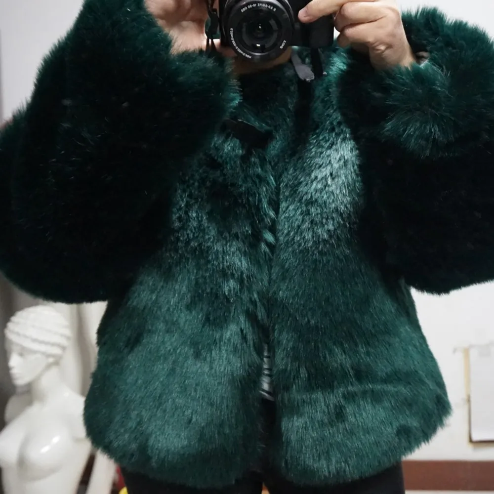 h&m green faux fur jacket