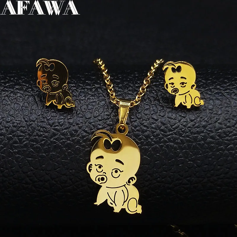 

2019 Fashion Baby Stainless Steel Necklace and Earing Set for Women Gold Color Jewerly Set set de joyas S178721