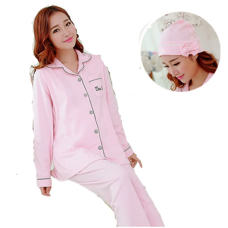 100 Cotton Maternity nursing pajamas Long Sleeve solid pajamas set