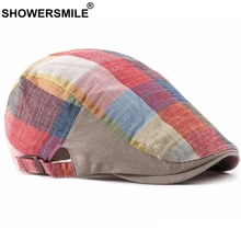 SHOWERSMILE льняная плоская кепка для мужчин, британский стиль, газетный мальчик, мужской женский берет, шляпа весна-лето, Клетчатая Кепка унисекс, Регулируемая Кепка плюща