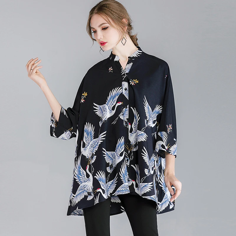 

Women's casual Plus size shirts Loose large size print shirt 3/4 sleeve stand neck spring new Tops Chinese style Crane printing
