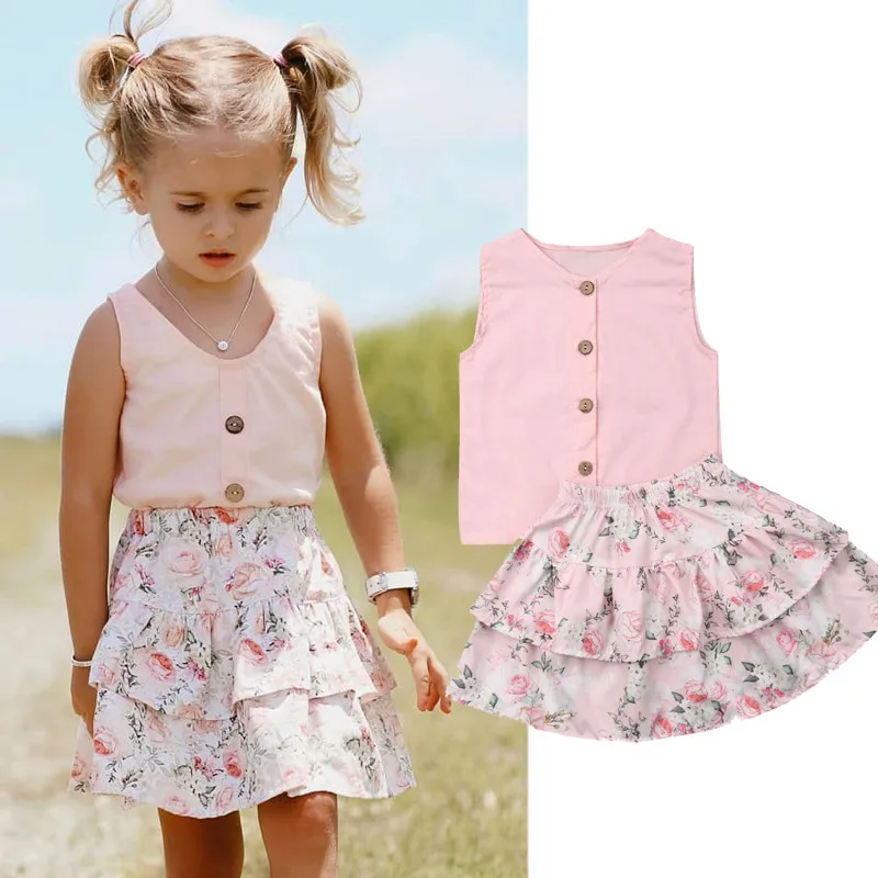 

1-5 Years Baby Girls Clothes Set Pink Sleeveless Button Girls Vest Cute Floral Print Beach Skirts Children Clothing Set Outfits