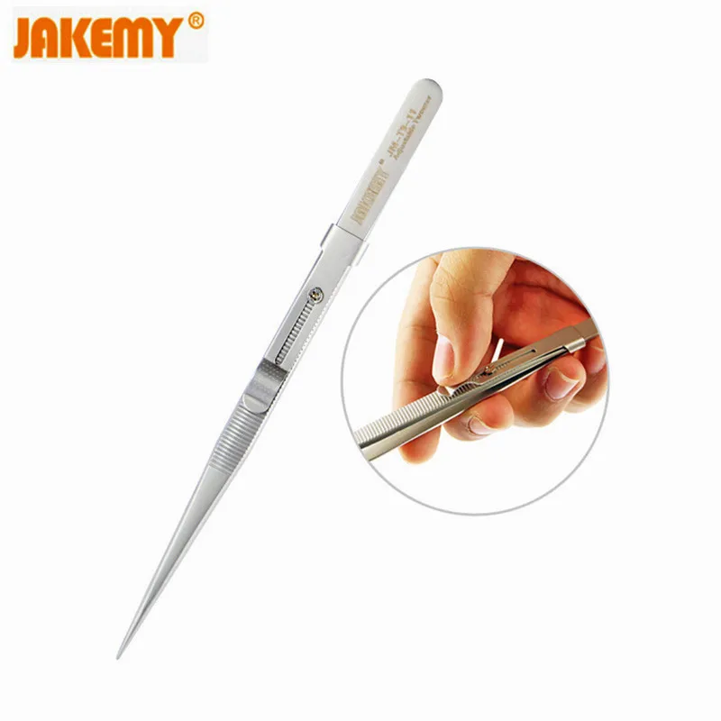 

JAKEMY JM-T9-11 165mm Adjustable Tweezers Silver Stainless Steel Mini Tweezers Straight Pointed Tip Slide Lock Hold Tightly
