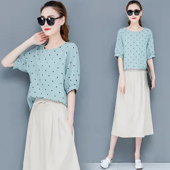 

Plus Size Summer Two Piece Sets Polka Dot Top And Elastic Waist Wide Leg Pants Suits O-Neck Elegant Office Outfit