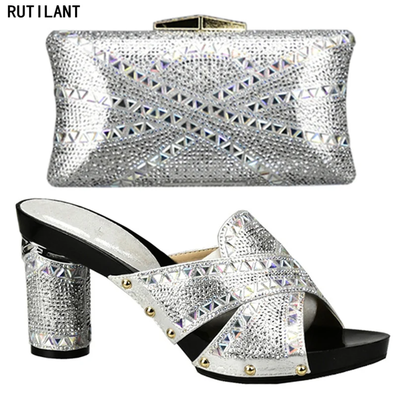 

Sliver Color Italian Shoes and Bag Set Decorated with Rhinestone Nigerian Party Shoe with Bag Set Matching Women Shoes and Bag