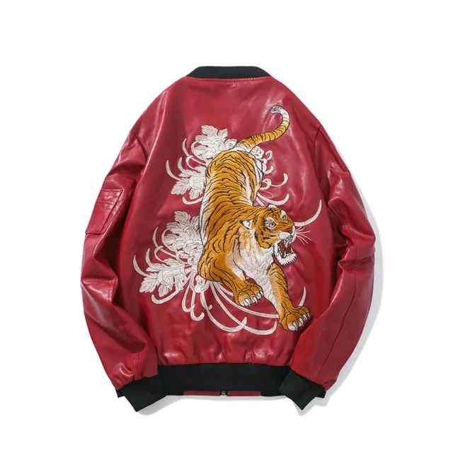Tiger Embroidery Leather Jacket Coat Men 2018 Hip Hop PU Bomber Jackets