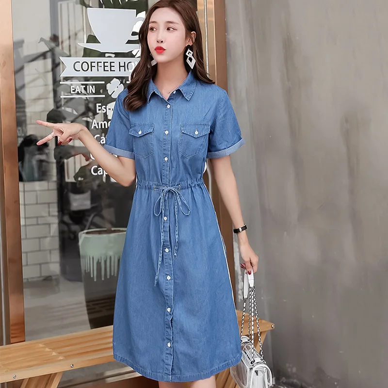 

Plus Size 5XL Women Denim Dress 2018 New Summer Short Sleeve Turn Down Collar Elastic Waist Loose Women Jeans Dresses G297