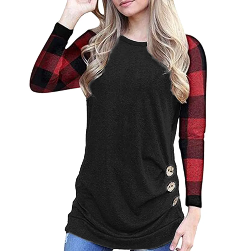 

t shirt women gothic streetwear tops Women Button Plaid O Neck Long Sleeve Tee Shirt Tops t-shirt women punk couple clothes#10