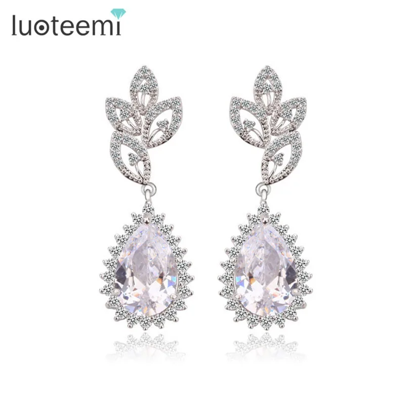 

LUOTEEMI Best Gift for Bride Luxurious New Fashion Women Cubic Zircon Wedding Drop Earrings Crystal Jewelry White Gold-Color