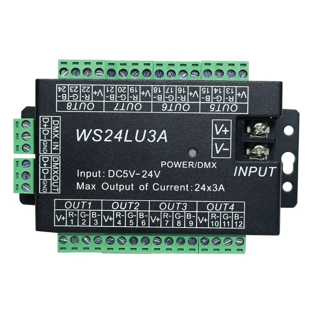 24CH легко DMX512 DMX декодер, WS24LU3A светодиодный диммер контроллер, DC5V-24V, каждый CH Max 3A, 8 групп RGB контроллер, железный корпус
