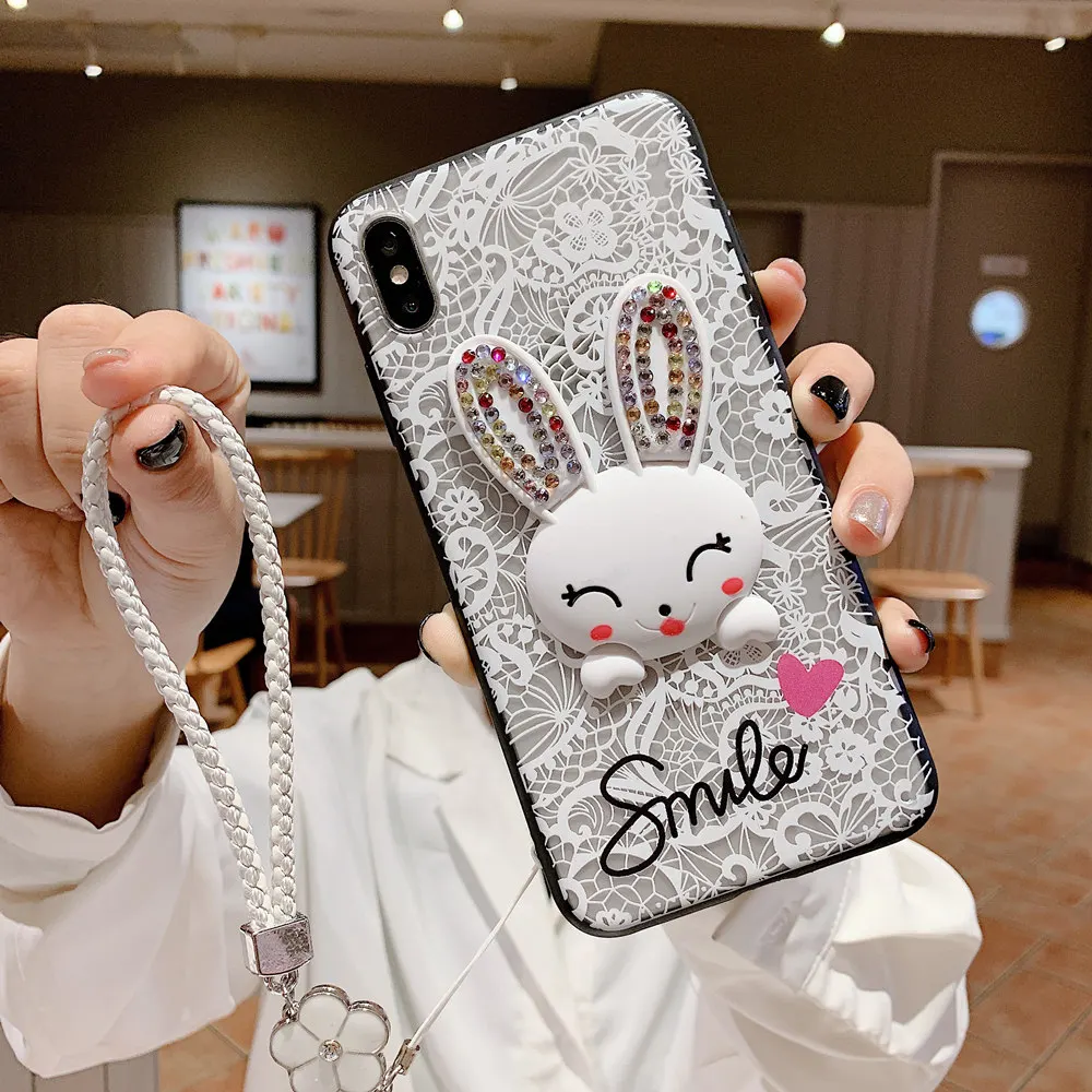 

Cartoon Cute Rabbit Ear Bracket Phone Case For Samsung A6/A8 Plus A3 A5 A7 A9 M10 M20 M30 Back Cover Luxury Vintage Lace Flower