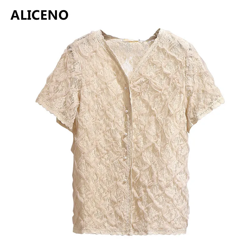 ALICENO 2019 Лето 6XL-2XL 60-150 кг одежда женская с v-образным вырезом Сексуальная кружевная сетчатая блузка с коротким рукавом повседневные рубашки