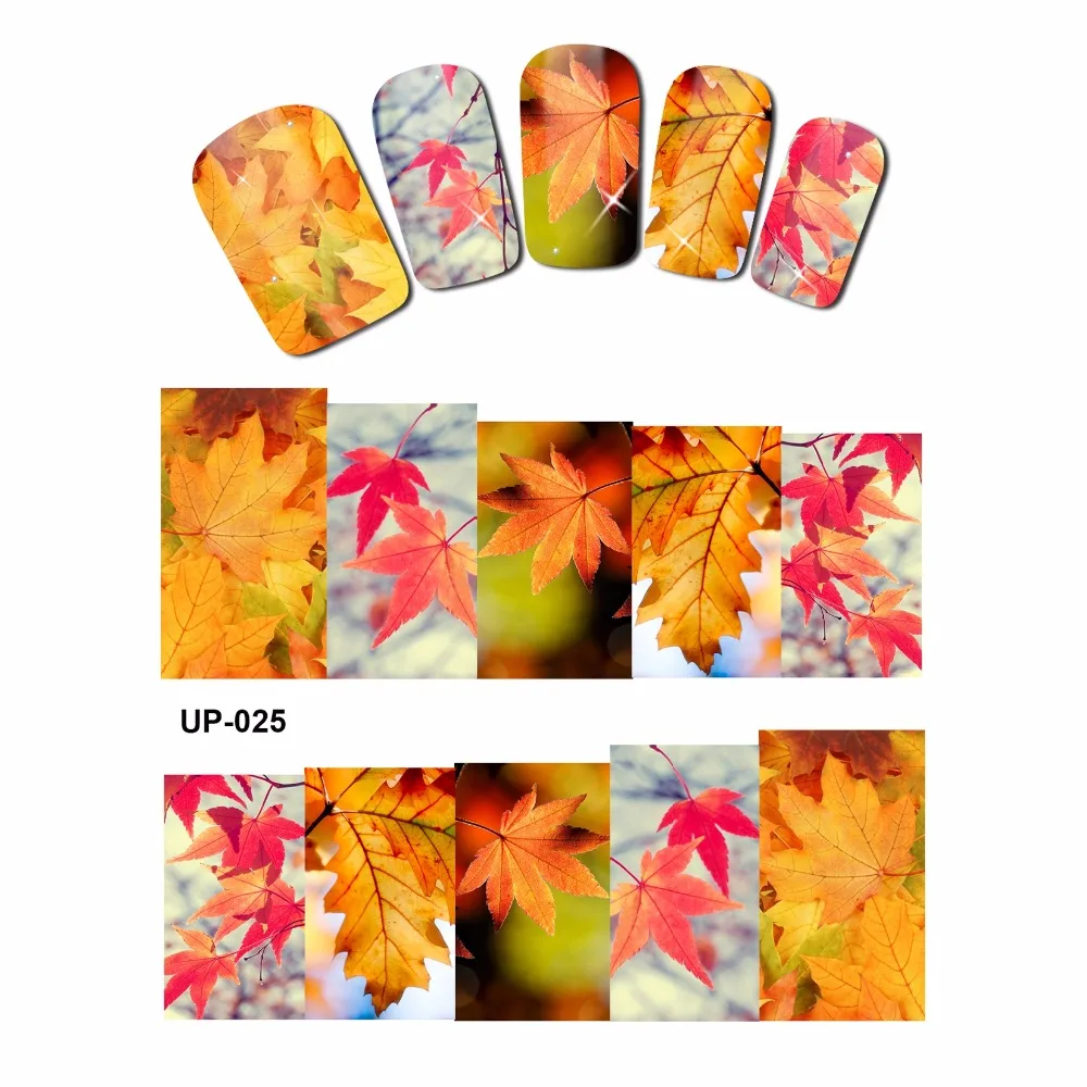 12 упак./лот переводка NAIL ART наклейки на ногти слайдер полное покрытие красного и желтого цветов кленовое дерево осеннее Падающие листья UP25-36