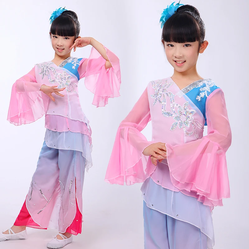(0174) Chinese folk dance children pinl costumes Girls Embroidery Hanbok fan yangko classical dancing stage performance clothes