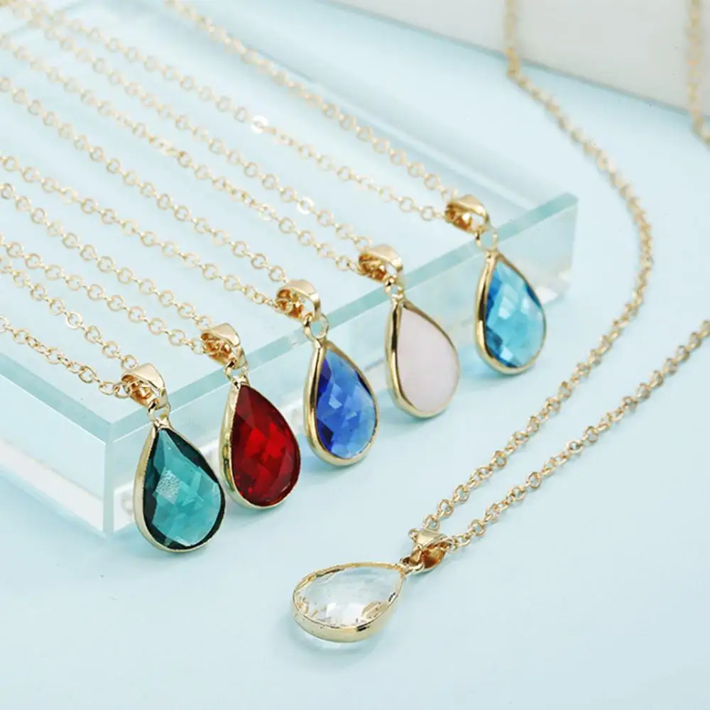 

Hot 2.3cm Chain Length 42.5+5cm Glass Drill Water Drop Pendant Necklace DIY Charm Necklace For Women Fashion Jewelry