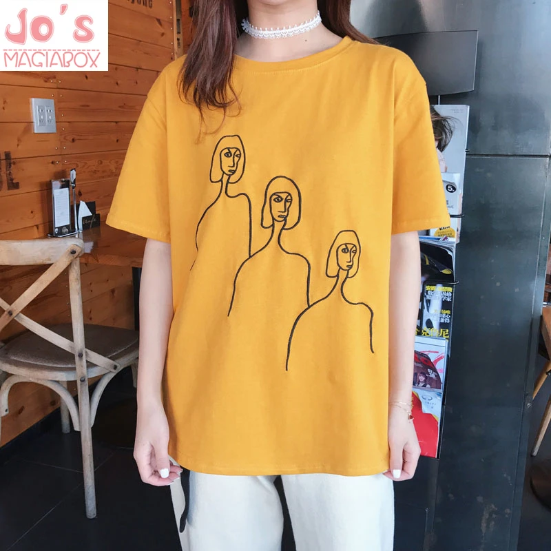 

Womens Black White Yellow Printed Tshirt Hip Hop Oversized Casual T Shirt Women Harajuku Cotton Basic Tee Top DX614
