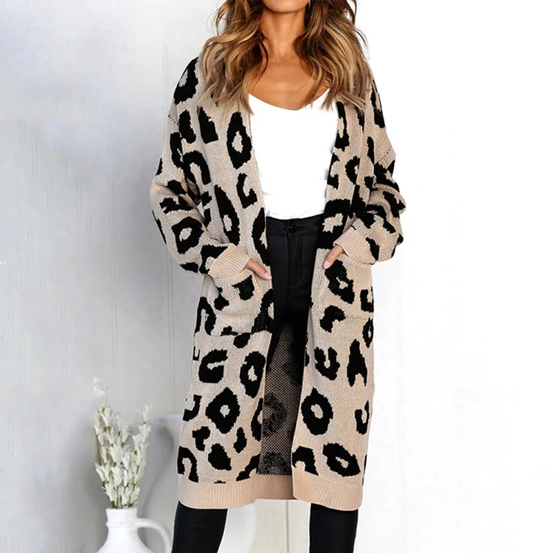 Women Christmas Knitted Cardigan Sweater Leopard Print Long Cardigans Pockets Slim Autumn Winter Outerwear Knitwear Sueter Mujer Women Christmas Knitted Cardigan Sweater Leopard Print Long Cardigans Pockets Slim Autumn Winter Outerwear Knitwear Sueter Mujer