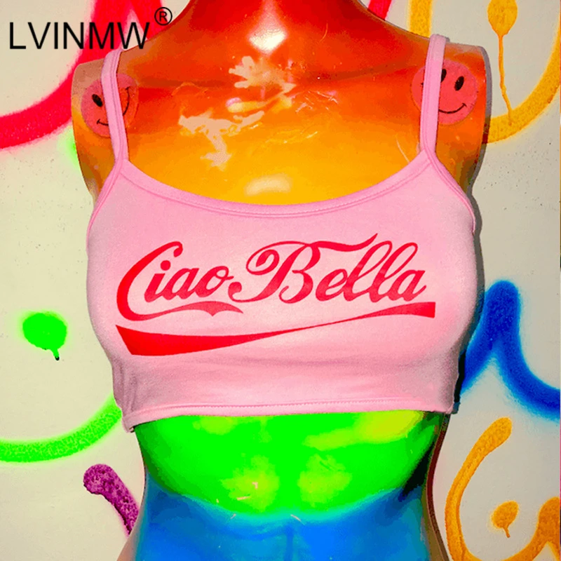 LVINMW, сексуальный розовый топ на бретельках с буквенным принтом, короткий топ с вырезом-лодочкой, лето, Женский Повседневный топик, топик