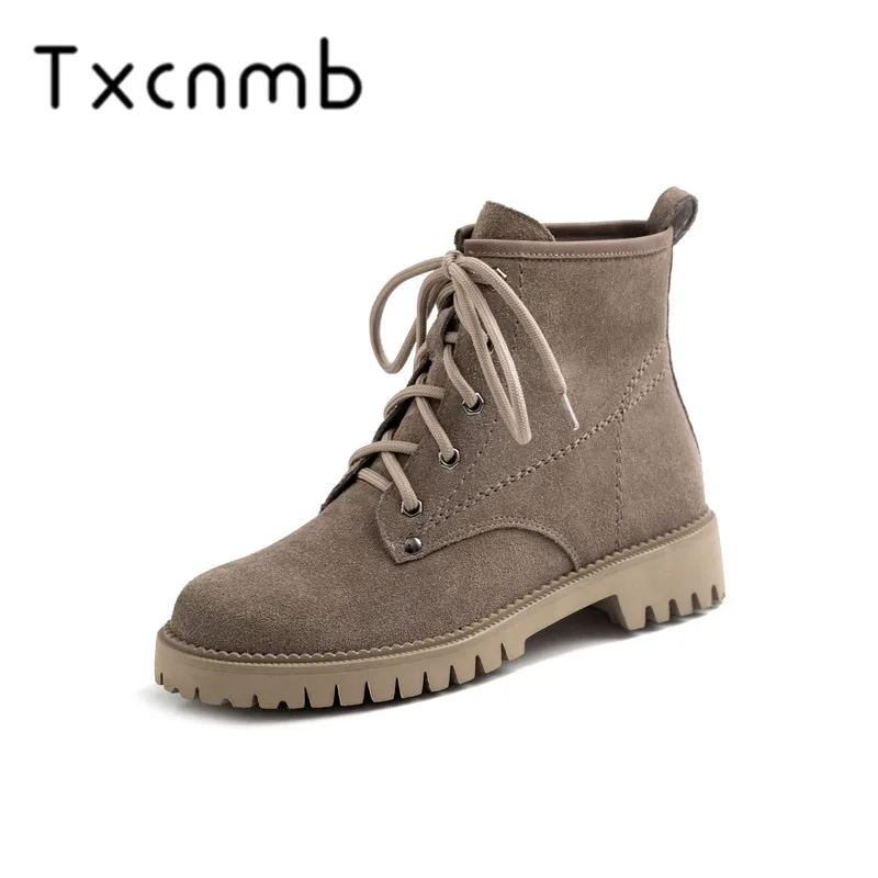 

TXCNMB 2019 Cow Suede Leather Women Ankle Boots Round Toe 4cm Thick Heels Elegant Ladies Work Shoes Woman Black Large Size 40