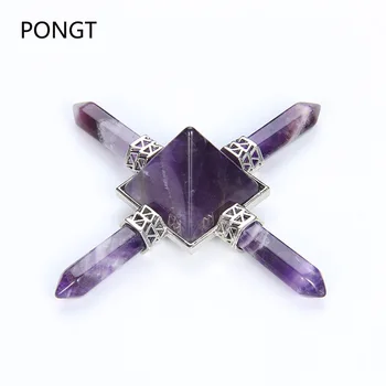 

Reiki Chakra 4 Point Pyramid Natural Purple Stone Energy Generator Authentic Obsidian White crystal healing Spiritual pendulum