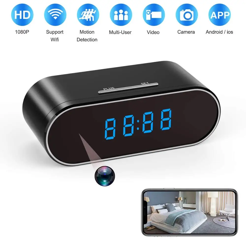 Черный H.264 WiFi настольные часы мини камера 1080P HD IP P2P DVR видеокамера будильник набор ночного видения датчик движения дистанционный монитор микро камера - Цвет: Черный