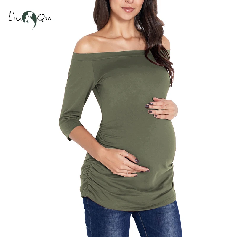 Womens Pregnancy Off Shoulder 3 Quarter Blouse Striped Top Maternity Clothes Slash Neck Pregnancy Womens Clothing ropa mujer