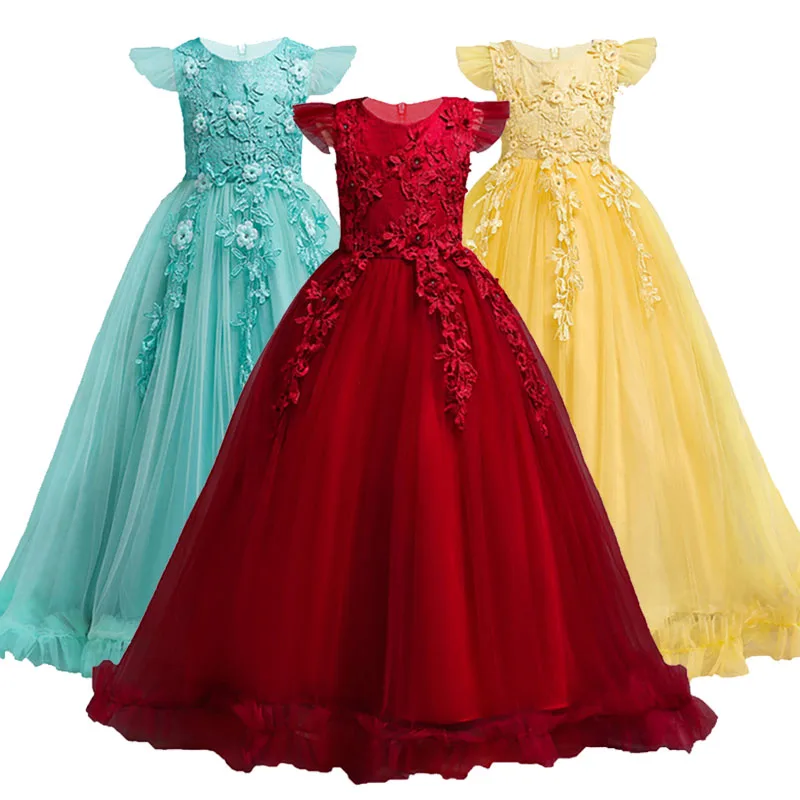 Girls Wedding Long Dress Sleeveless 4-15Yrs Lace Teenagers Kids Princess Party Pageant Christmas Formal girls dress,princess costume
